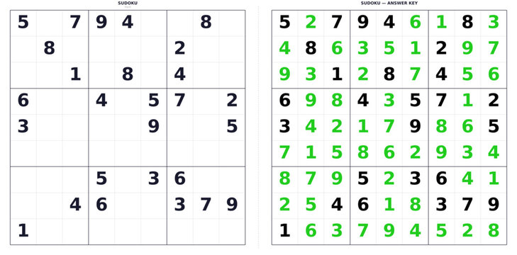 Hard difficulty Sudoku puzzle with 9x9 grid. Printable template featuring unsolved game and complete solution. Mathematical logic brain teaser and problem solving concept