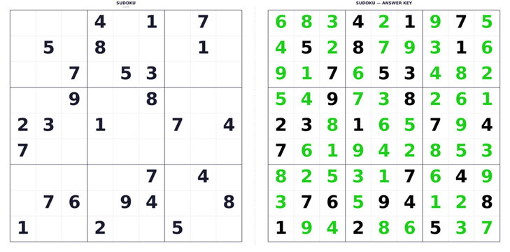 Hard difficulty Sudoku puzzle with 9x9 grid. Printable template featuring unsolved game and complete solution. Mathematical logic brain teaser and problem solving concept
