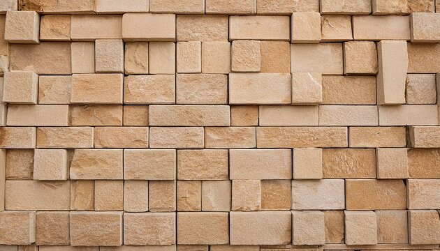 facade or wall texture paved with square and rectangular tiles of natural beige sandstone natural stone background for design construction and architecture