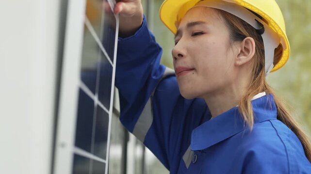 Portrait of a confident female renewable energy specialist holding a photovoltaic solar cell module with electrical breaker control panels in the background.