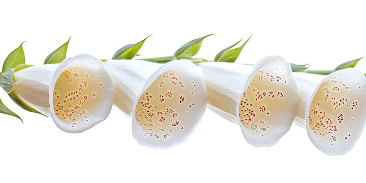 Beautiful horizontal border of blooming white foxglove digitalis flowers isolated on png transparent background