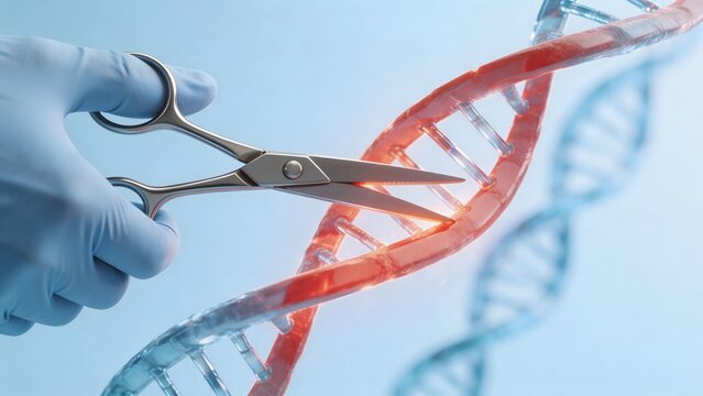 Hand with scissors cutting DNA strand