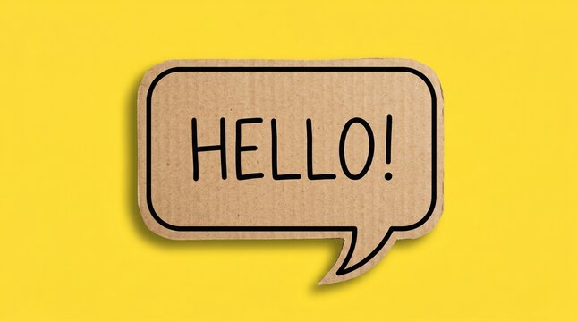 Hello greeting on cardboard speech bubble, brown paper chat cloud with text on yellow background, friendly communication and welcome message concept