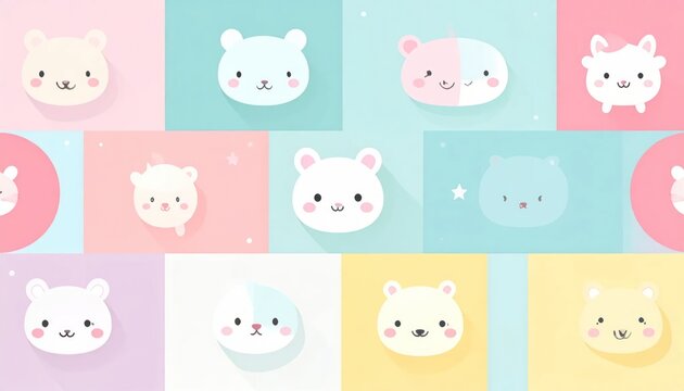 Cute Pastel Animal Faces Arranged in Colorful Kawaii Pattern
