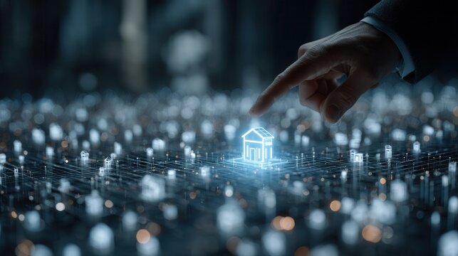 Businessman finger touching glowing house in digital network