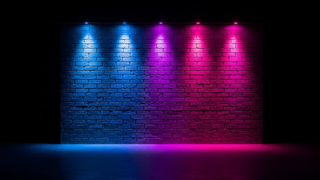 Brick wall illuminated by five spotlights casting blue and magenta light beams onto the textured surface and dark floor in a studio setting