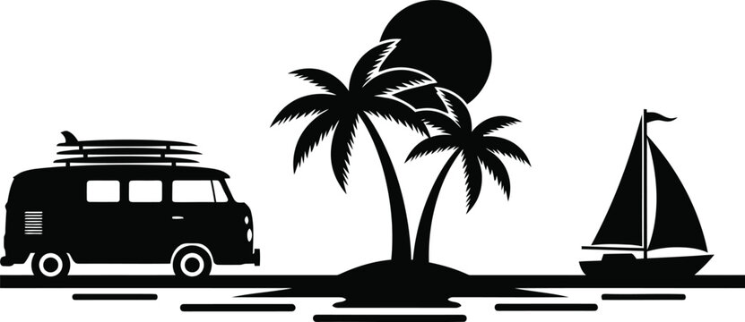 Tropical travel silhouette vector with camper van, palm trees and sailboat beach scene