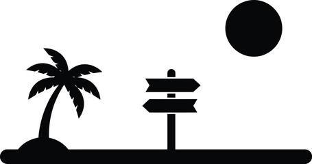 Tropical island silhouette vector with palm tree, signpost and sun isolated on white © alien AZ
