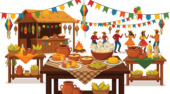 Traditional Festa Junina celebration with people dancing in caipira costumes and tables filled with typical Brazilian food like corn and popcorn under flags