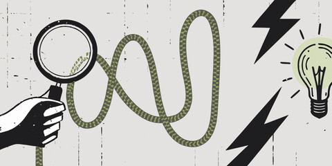 Illustration of hand holding magnifying glass coiled rope lightbulb and lightning bolts © gita