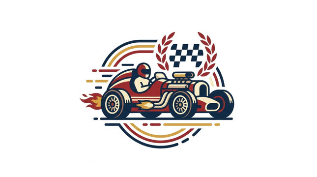 Vintage Hot Rod Race Car Speeding Towards Finish Line with Laurel Wreath.