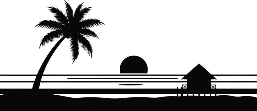 Tropical beach sunset vector silhouette with palm tree and island hut on horizon