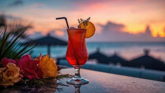 Tropical Rum Punch Cocktail at Dusk Scenic Beachside Setting, Vibrant Colors
