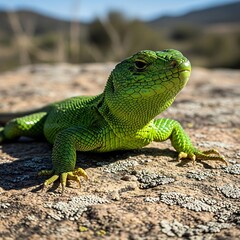 Fototapeta premium Green lizard on rocky ground.