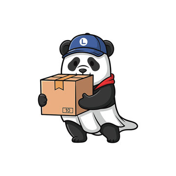 Vector illustration of a cute ghost panda mascot character for courier and delivery services, featuring a spectral panda holding a shipping box on a white background.