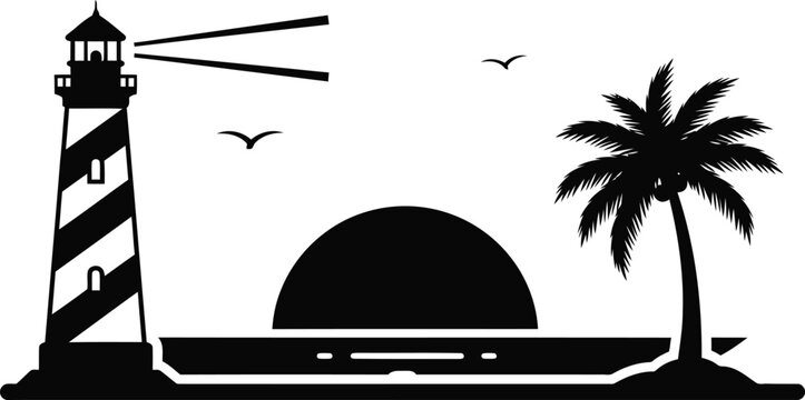 Tropical beach sunset lighthouse and palm tree silhouette vector illustration