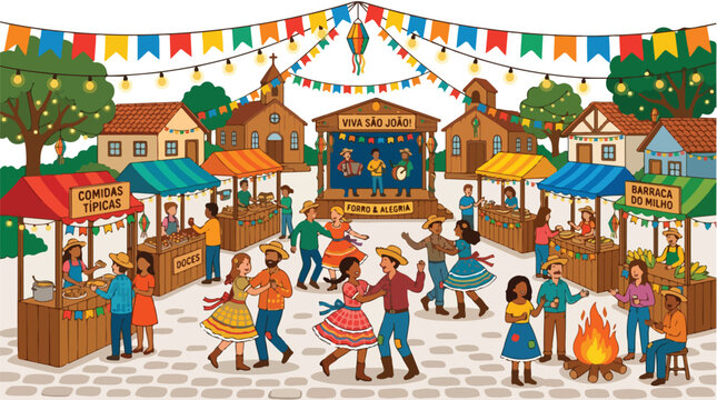 Colorful illustration of a traditional Brazilian Festa Junina celebration featuring people dancing quadrilha, food stalls, a bonfire, and a live forr&oacute; band on stage