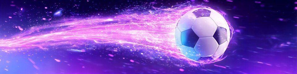 Naklejka premium Purple cosmic trail streaks behind a glowing soccer ball