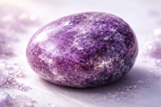 Shiny lepidolite stone with rich purple tones resting on a smooth white background for healing