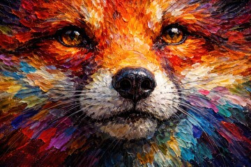 Fototapeta premium Vivid oil painting of a fox snout with abstract rainbow hues on textured canvas