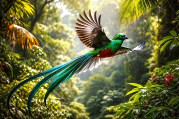 Obraz premium Resplendent Quetzal captured in flight featuring spectacular plumage set against vibrant tropical backdrop