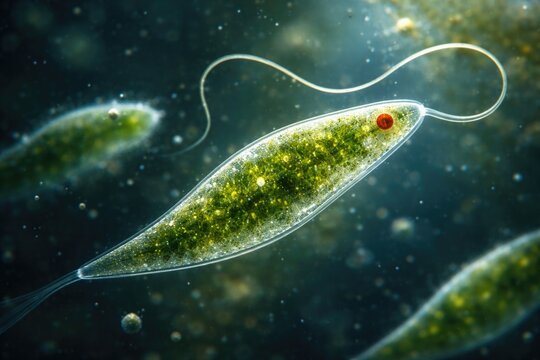 High magnification view of Euglena genus highlighting single celled flagellate with prominent flagella and elongated body