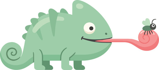 Fototapeta premium Cartoon chameleon with tongue catching fly and worm on tongue