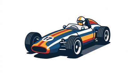 Vintage Racing Car with Driver on White Background. © Pia
