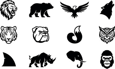 Wild Animal Silhouette and Mascot Icon Set Featuring Lion Bear Eagle Wolf Tiger Bulldog Fox Owl Shark Rhino Elephant and Gorilla Vectors © Alexy!