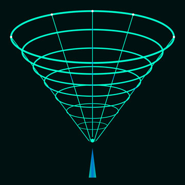 Abstract blue wireframe funnel representing digital data processing sales conversion and marketing matrix analytics software