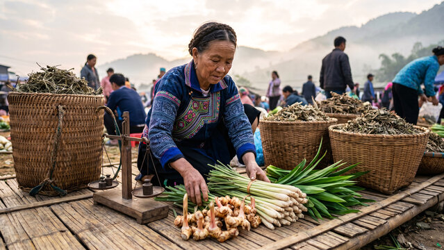 Hmong Female Herb Seller in Embroidered Indigo Jacket Arranging Lemongrass and Galangal at Sunrise Bac Ha Market in Vietnam, Hill-Tribe Culture, Documentary, Ethnic