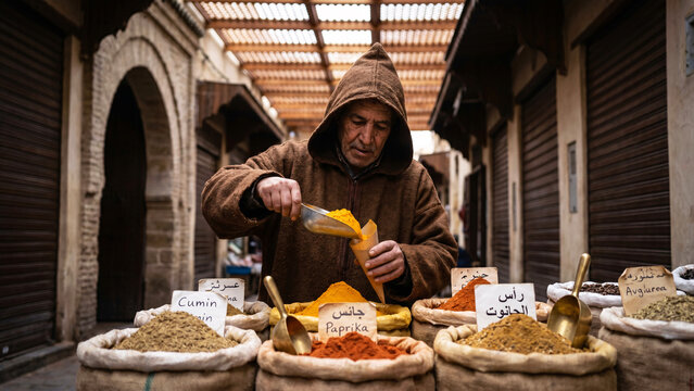 Berber Spice Merchant in Wool Djellaba Refilling Turmeric Beside Sacks of Cumin and Paprika in Old Medina of Fez Morocco, North African Market, Spice Trade, Reportage