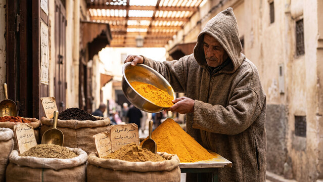 Berber Spice Merchant in Wool Djellaba Refilling Turmeric Beside Sacks of Cumin and Paprika in Old Medina of Fez Morocco, North African Market, Spice Trade, Reportage