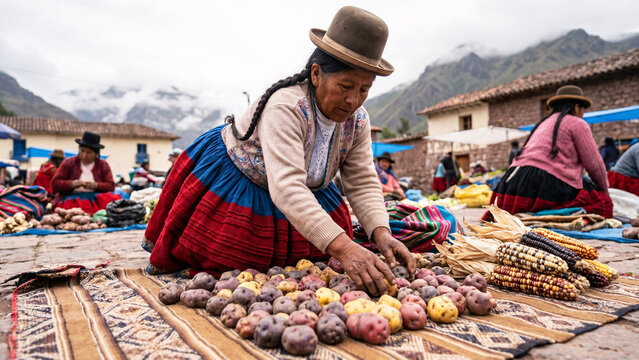 Quechua Woman in Pollera Skirt and Bowler Hat Arranging Native Potatoes and Andean Corn at Open-Air Market in Pisac Peru, Andean Culture, Indigenous Vendor, Reportage