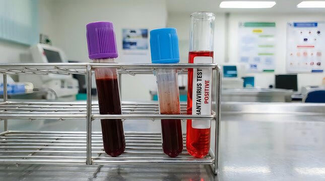 Covid test kits on metal wire rack in laboratory Vector