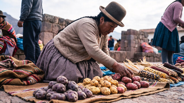 Quechua Woman in Pollera Skirt and Bowler Hat Arranging Native Potatoes and Andean Corn at Open-Air Market in Pisac Peru, Andean Culture, Indigenous Vendor, Reportage