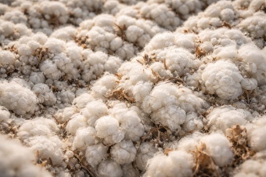 Macro shot of dense cotton fibers from bale with industrial texture and harvesting theme