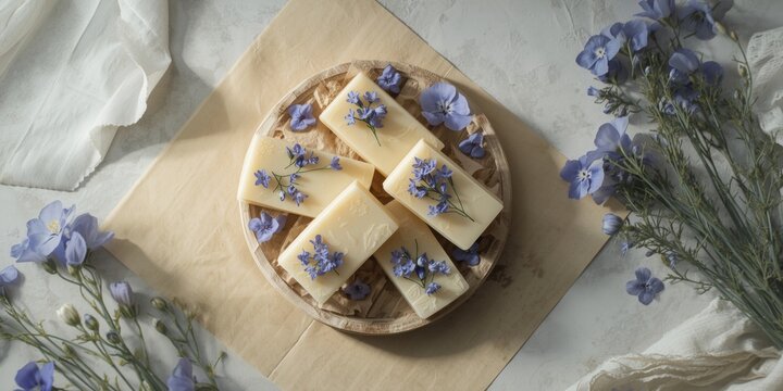 Blue flower adorned handcrafted soap collection with natural paper scourge overhead view and copy space