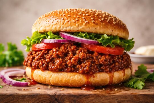 Classic sloppy joe sandwich with crisp vegetables and herbs on sesame bun against neutral backdrop for food ads