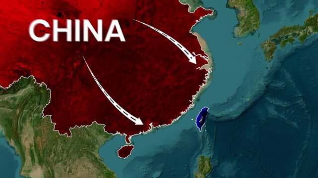 A dynamic animated map showing China's proximity and influence on Taiwan