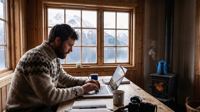 Male Software Developer in Wool Sweater Working on Laptop in Off-Grid Mountain Cabin Overlooking Norwegian Fjord, Remote Work Lifestyle, Cabin Office, Solo Workation