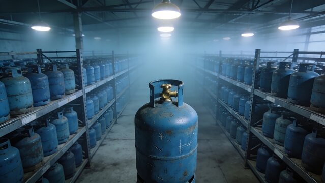 A single blue metal propane gas cylinder stands prominently in the center of a dimly lit industrial warehouse storage facility filled with many stacked fuel tanks