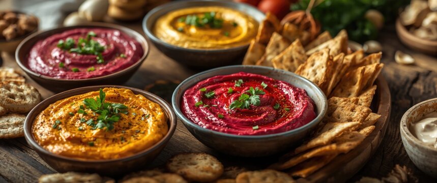 Assorted vibrant vegan hummus spreads including beetroot and traditional flavors served with meze snacks