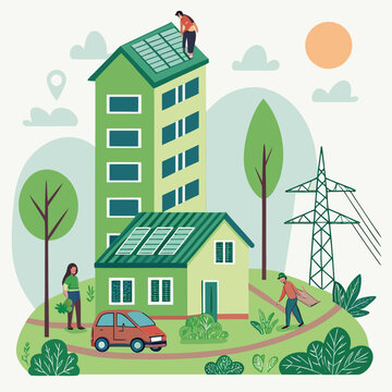 Eco-friendly city illustration with sustainable energy sources and people working solar panels green energy power line eco living earth day climate change carbon footprint zero emission