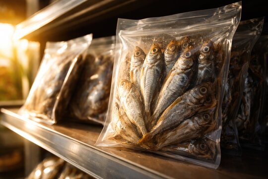 Sunlight highlighting small dried sea fish sealed inside plastic packaging