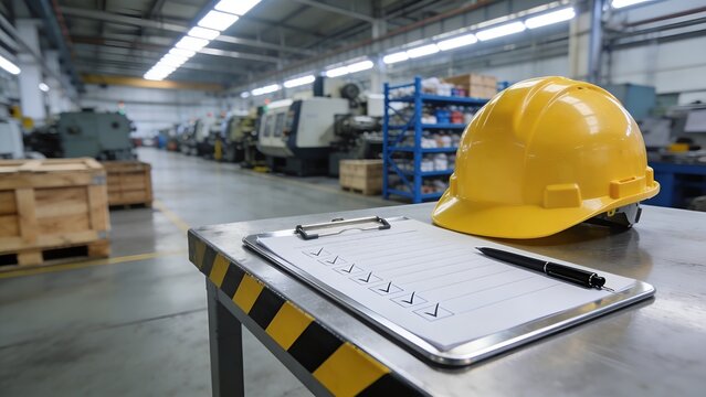 Bright yellow hard hat sitting on a metal workbench next to a clipboard with a pen inside a large industrial facility during a busy workday photo