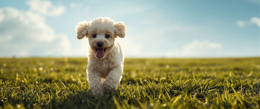 Cheerful poodle puppy frolicking on a fresh green lawn during a warm summer day