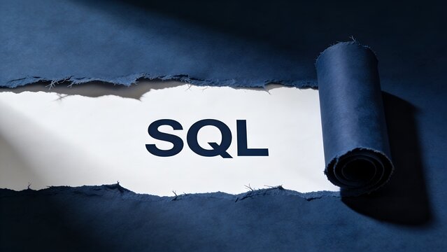 Professional studio photograph showing the word sql revealed through a torn blue paper effect which creates a modern concept for database management and software development