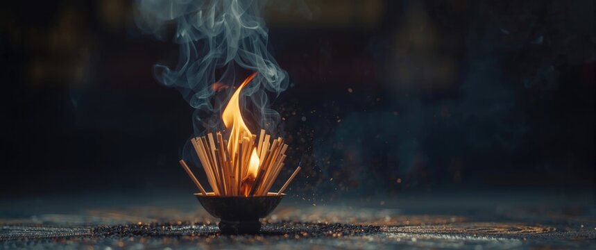 Ceremonial burning of Joss paper sticks producing ashes and smoke