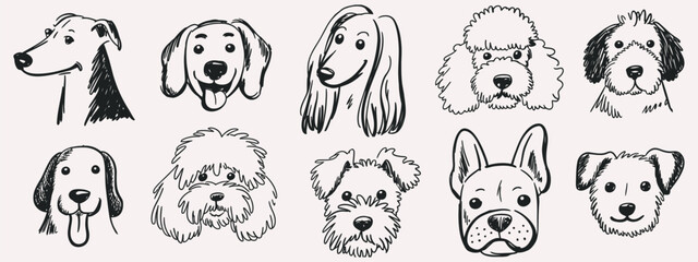 Fototapeta premium Scribble Chalk Charcoal Style Dogs Drawing, hand drawn puppy sketch art wax crayon grunge cute whimsical doodle vector illustration isolated white background tshirt poster sticker design